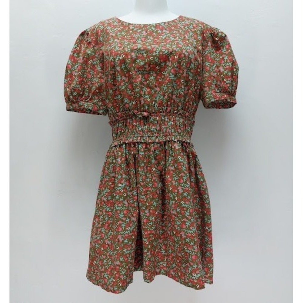 Free People Mini Dress Women's Floral Smocked Waist Medium Olive Cottagecore